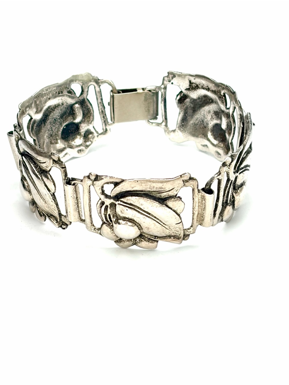 Mid-Century Sterling Silver Repousse Floral Panel Link Bracelet, Danecraft Style